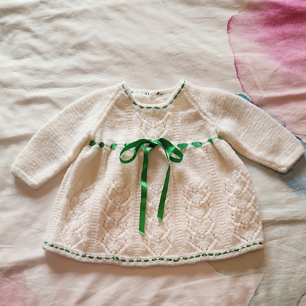 Handknit white baby dress, size 6 months